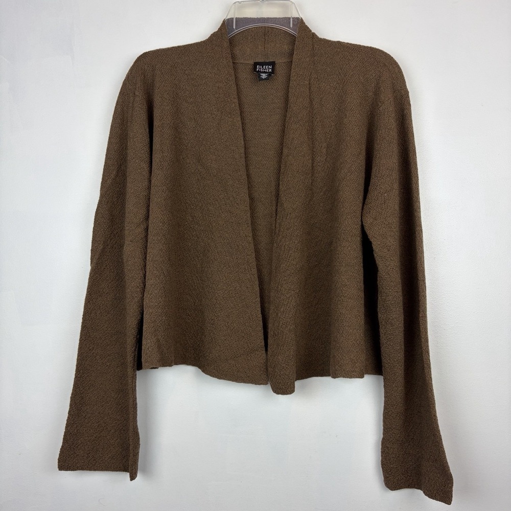 Eileen Fisher Open Cardigan Sweater Womens L Brown Wool Cropped Boxy Shrug Layer